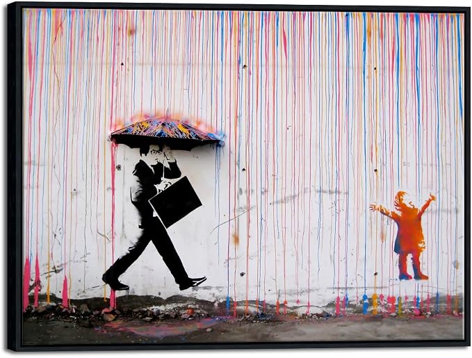 Wieco Art Framed Banksy Raining Day or Colorful Graffiti Street Famous Canvas by WiecoArt