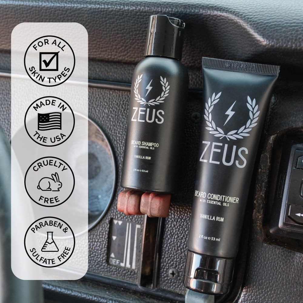 ZEUS Travel Beard Shampoo & Conditioner Combo for Men, Grooming Set with Green Tea & Essential Oils, Softens, Hydrates & Moisturizes Facial Hair (Made in USA) Vanilla Rum