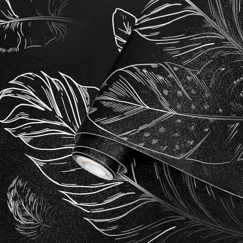 Black Peel and Stick Wallpaper 17.7"x1200" Feather Wallpaper Removable Modern by Qianglive