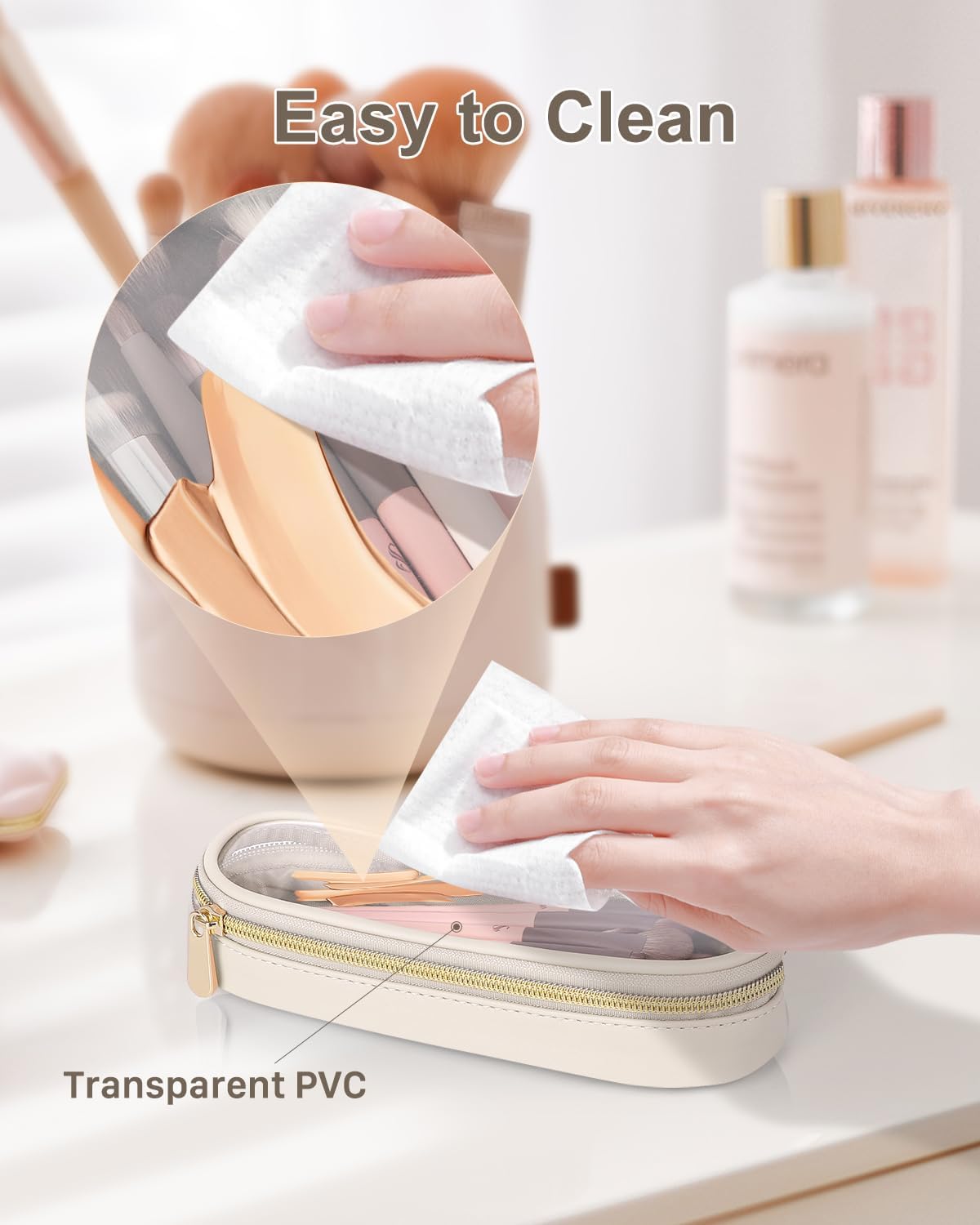 Clear Travel Makeup Brush Holder, Leather Makeup Brush Toiletry Bag, Portable Cosmetic Brush Case, Transparent Waterproof Makeup Brush Storage Bag, White, Large