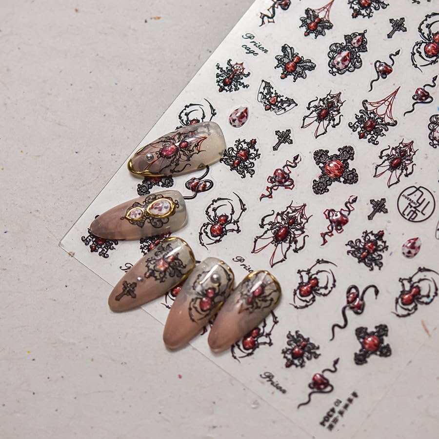 Halloween Nail Art Stickers 5D Embossed Gothic Spider Nail Stickers, Self-Adhesive Durable Nail Art Decals for Women Girls, Nail Wraps Decoration Manicure for DIY Acrylic Nail Accessories