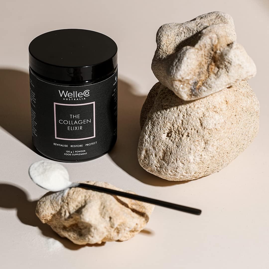 WelleCo The Collagen Elixir Collagen Powder, Marine Collagen Peptides with Vitamin C, Hyaluronic Acid, Digestive Enzymes & Silica, for Glowing Skin, Hair & Nails, Gluten Free, Unflavored, 4.23 oz