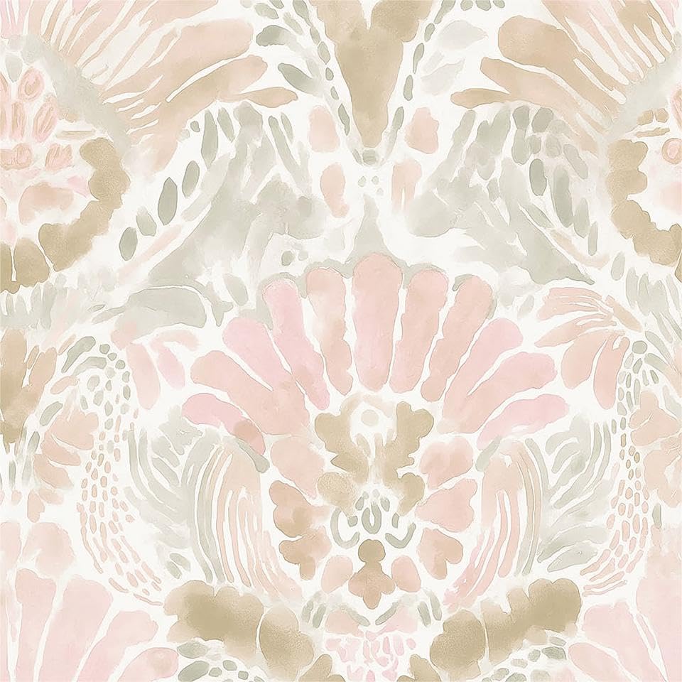 Boho White Pink Damask Watercolor Geometric Peel and Stick Wallpaper Wall Decor by Yzogbry