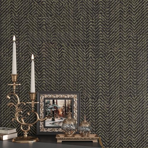Black Gold Wallpaper Peel and Stick Linen Grasscloth Wallpaper 17.7x80" - Image 2