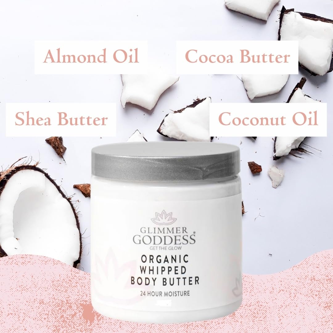Glimmer Goddess Organic Whipped Body Butter for Women - Moisturizer Cream with Shea & Cocoa Butter, Almonds & Coconut Oil - Unscented, 8oz