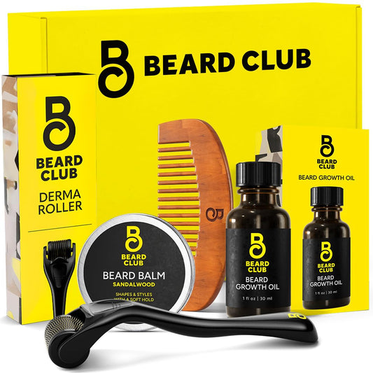 The Beard Club Beard Growth Kit - Derma Roller, Beard Growth Oil, Sandalwood Balm, Comb - Gift Set