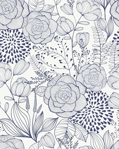 Wudnaye Navy Blue and White Floral Peel and Stick Wallpaper 16.9"×393" by Wudnaye