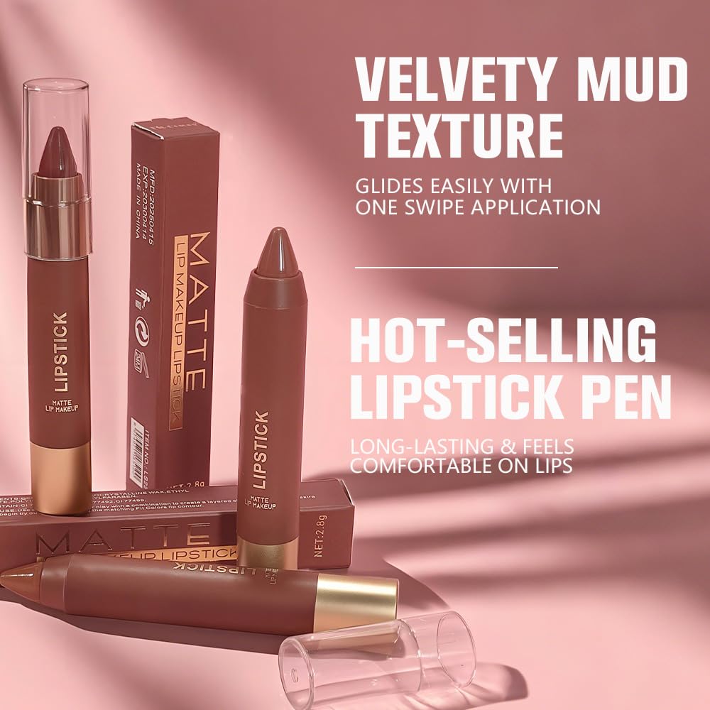 Matte Lipstick Crayon for Women, Warm Brown 24 Hour Lipstick Lip Liner Pencil, Neutral Lip Stick Lipliner Long Lasting Waterproof Smudge Proof, Vegan & Cruelty-Free, 02
