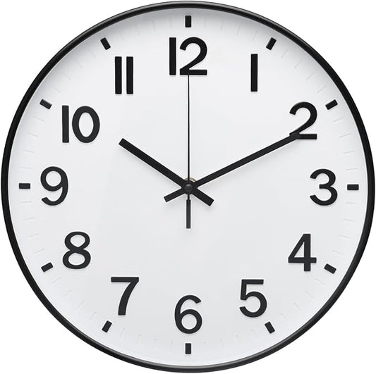 Wall Clock 12Inch White-Black Modern Simple Quartz Decorative Clock Non-Ticking by BAKBRAND