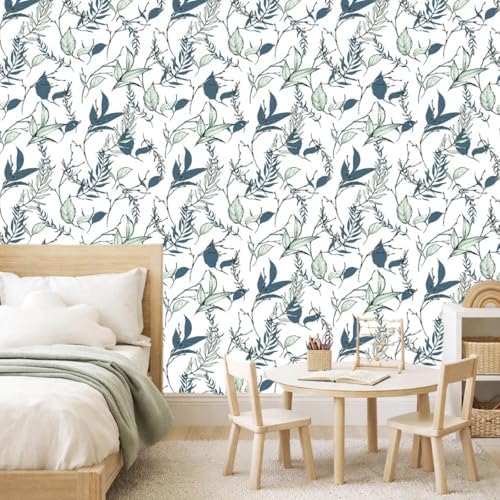 Sage Green and Blue Leaf Peel and Stick Wallpaper 17.7in x 213in - Image 2