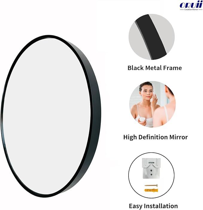 Oruii Black Circle Mirror, 20 inch Round Mirror Metal Frame, Living Room - Image 2
