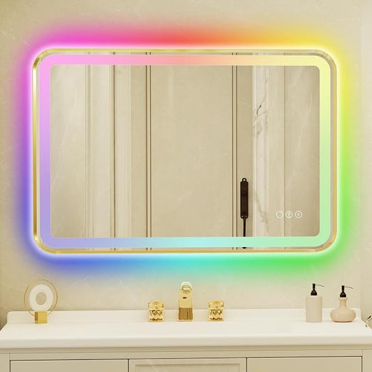24x36 Inch Gold Framed LED Bathroom Mirror by Unknown