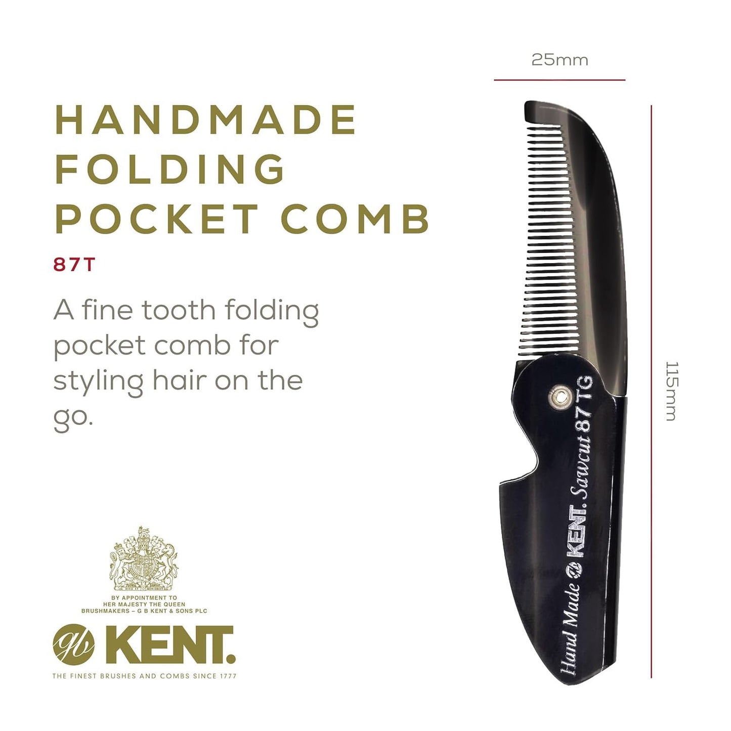 Kent 87T Black Graphite Handmade Folding Pocket Comb for Men, Fine Tooth Hair Comb Straightener for Everyday Grooming Styling Hair, Beard or Mustache, Saw Cut Hand Polished, Made in England