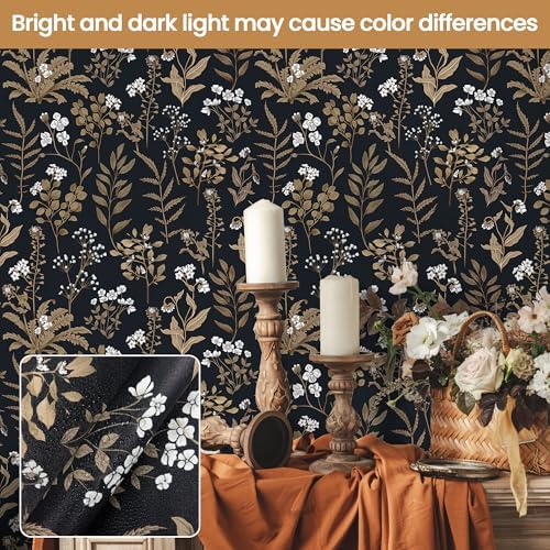 Black and Gold Peel and Stick Wallpaper Moody Dark Floral Contact Paper - Image 3