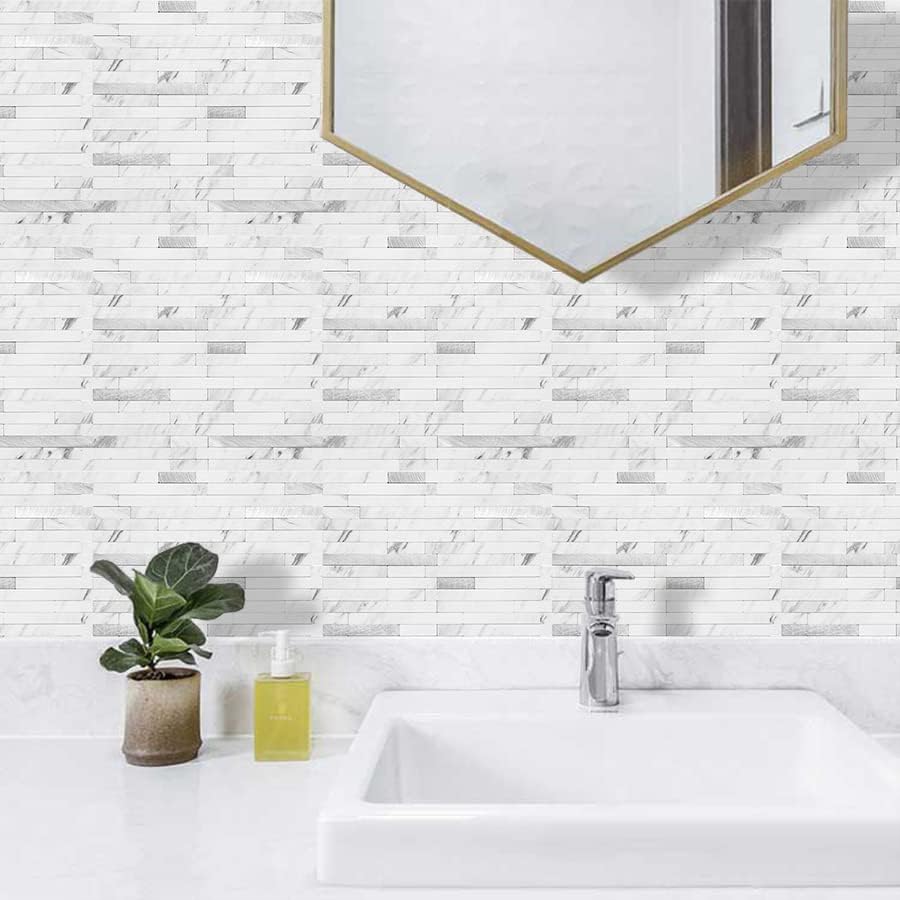 AULIGET Faux White Stone Peel and Stick Backsplash, 2 PVC Mixed Metal Wall - Image 5