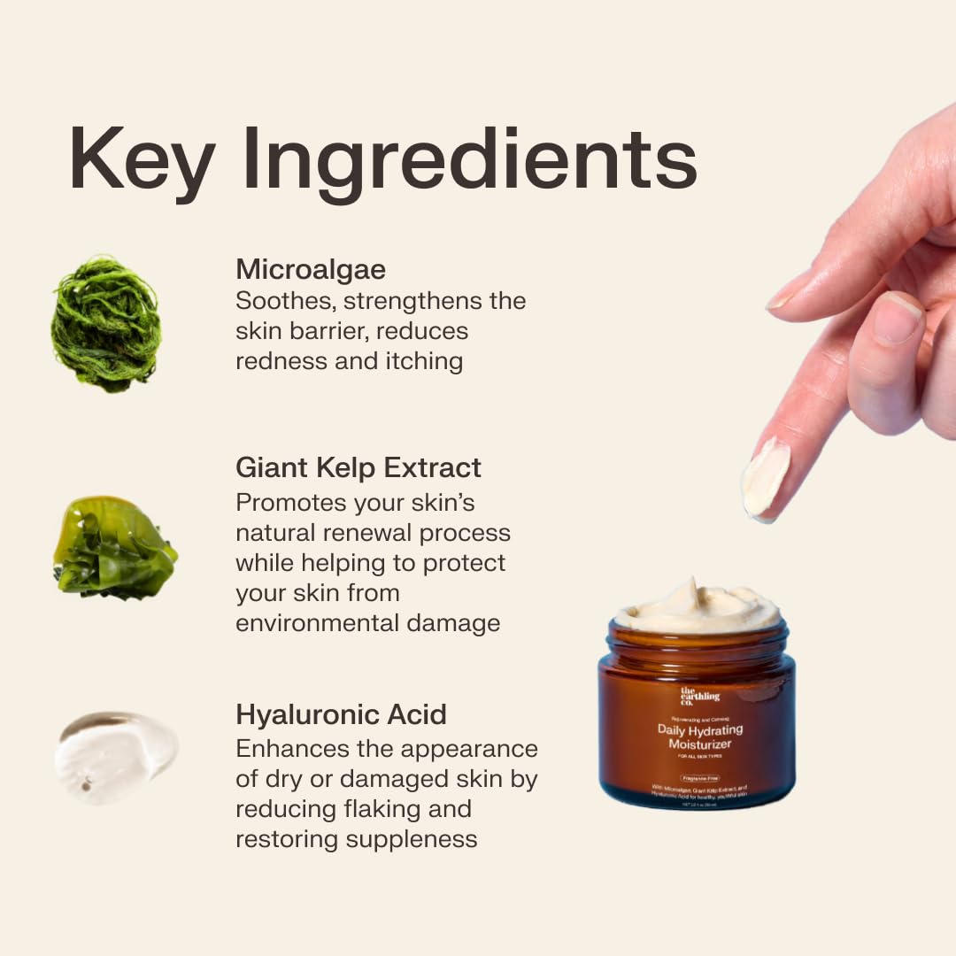 The Earthling Co. Daily Hydrating Moisturizer - Natural, Moisturizing Face Cream for AM & PM - Non-comedogenic and Fragrance-free with Hyaluronic Acid for Sensitive, Dry, and Oily Skin (2.0 fl oz)