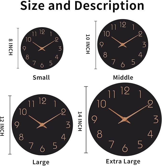 Mosewa Wall Clock 14 Inch Black Battery Operated Silent Non Ticking Simple - Image 2