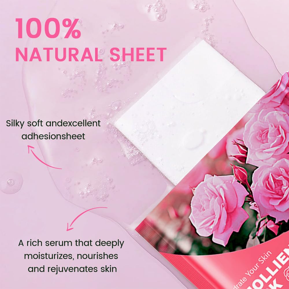 8 Pack Rose Face Sheet Mask Skincare,Hydrating Face Mask For Sensitive Skin,Moisturize,Soothing,Nourish for All Skin Types,Natural Spa Party Facial Mask Skincare Set for Women Men Girls