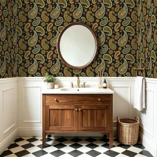 BOKEBEVE Black Floral Wallpaper Peel and Stick Vintage Green 17.5 x 118In - Image 3
