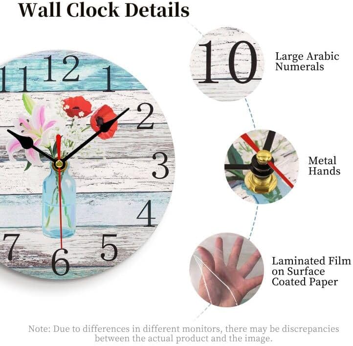 8in Beach Blue Floral Wooden Wall Clock Rustic Silent Bottle Flower - Image 4