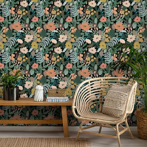 Simon&Siff 17.3'' x 400" Vintage Floral Peel and Stick Wallpaper Green by SimonSiff