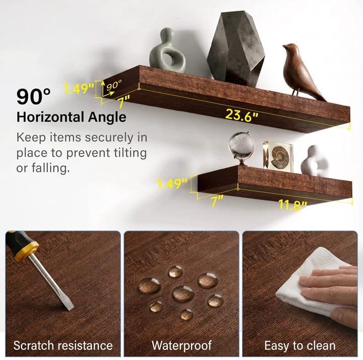 Walnut Floating Shelves for Wall, 12 Inch Wooden Shelves Set of 3 - Image 5