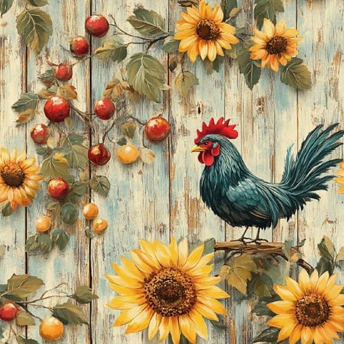 Sunflowers Rooster Peel and Stick Wallpaper Artistic Wood Vintage Pattern by Unknown