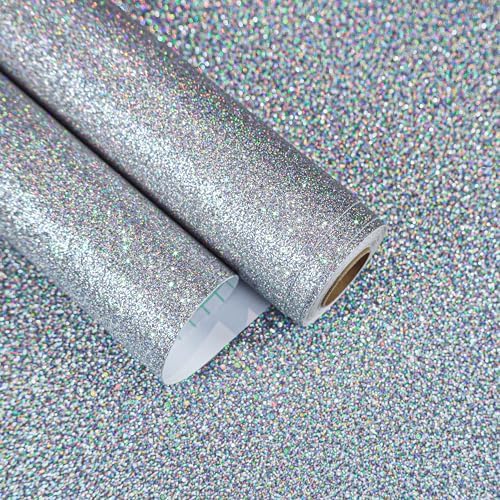 15.7"x160" Holographic Silver Glitter Wallpaper Stick and Peel Sparkle Silver by EaseStick