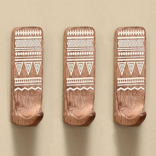 IndianShelf 10 LB- 3 Pieces Decorative Wood Adhesive Wall Hooks–Boho Peel and by IndianShelf