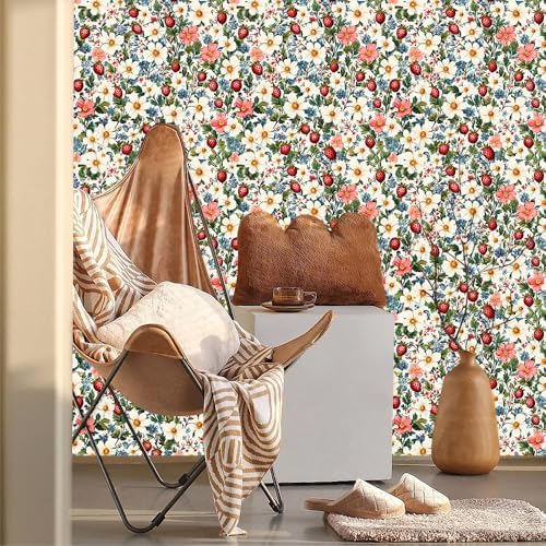 MuralPeel Vintage White Red Green Wildflower Straberry Flowers Peel and Stick - Image 2