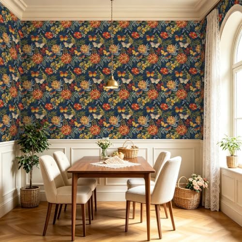 BOKEBEVE Vintage Floral Wallpaper Peel Stick Butterfly Blue 17.5 x 118In - Image 5