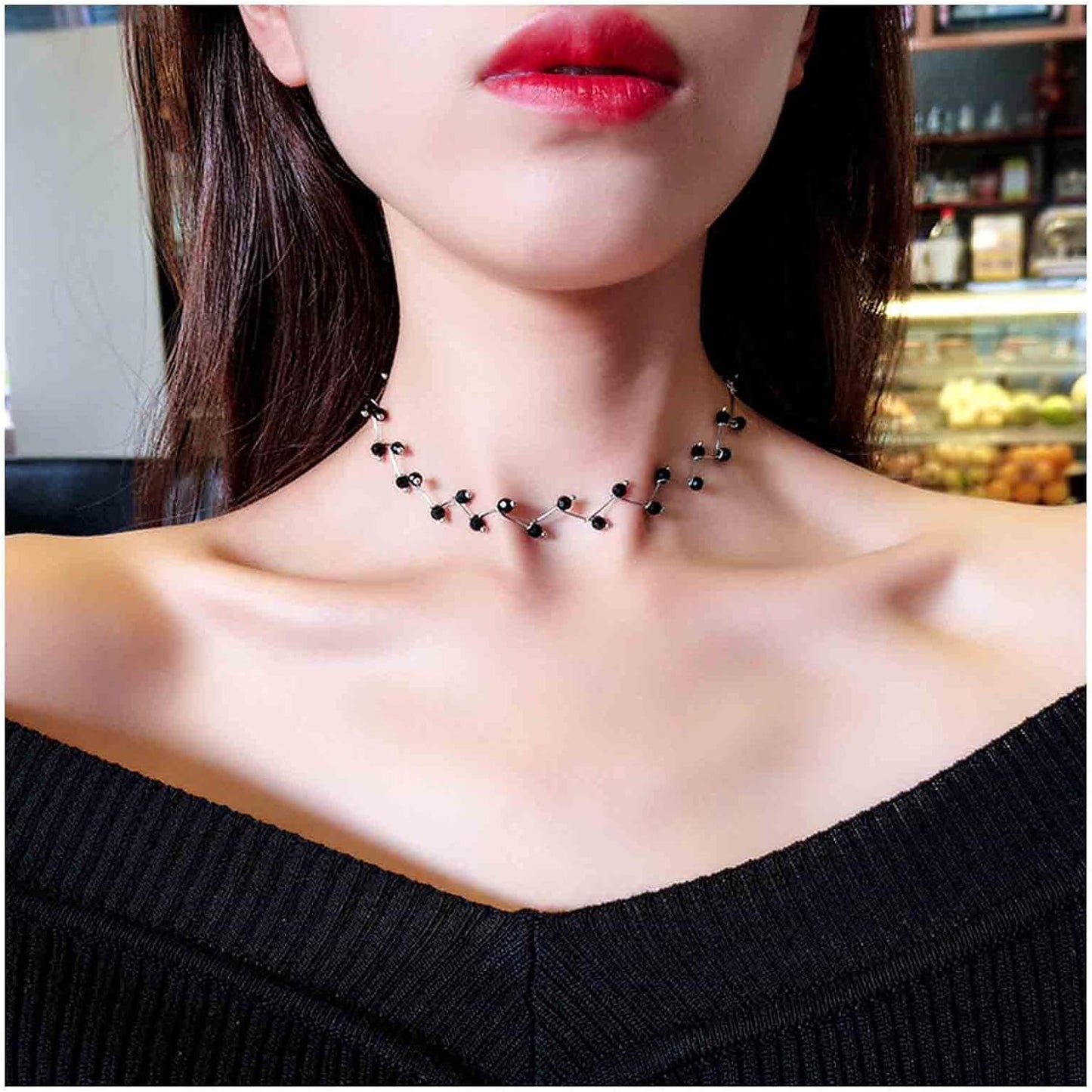 Black Crystal Choker Necklace Short Black Beaded Choker Necklace Silver Chain Necklace Minimalist Necklace Jewelry for Women and Girls