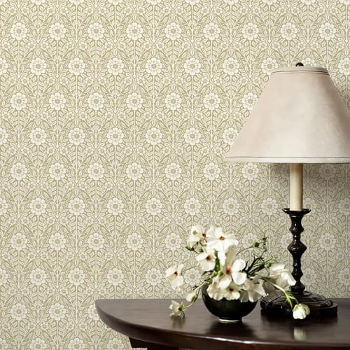 17.3" x 393.7" Floral Wallpaper Peel and Stick Vintage Boho Cream Damask - Image 3
