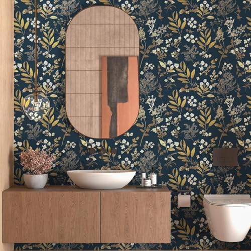 Laatse Vintage Dark Blue Floral Boho Peel and Stick Wallpaper 17.5"x197" - Image 2