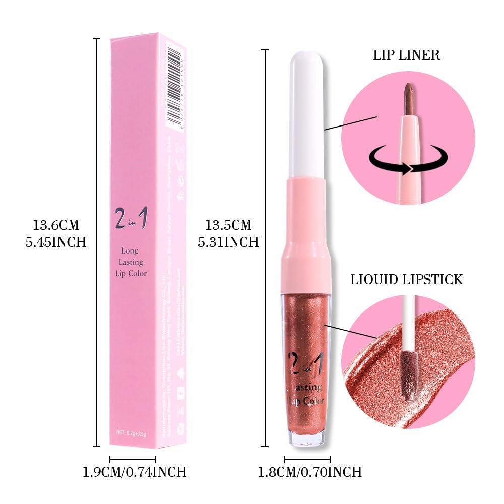 evpct Copper Metallic Glitter Lip Liner and Lipstick Combo Lip Gloss Stain Set Makeup for Women Long Lasting Waterproof 24, Bronze Gold Mocha Metallic Shimmer Frosted Iridescent Glossy Liquid Lipstick