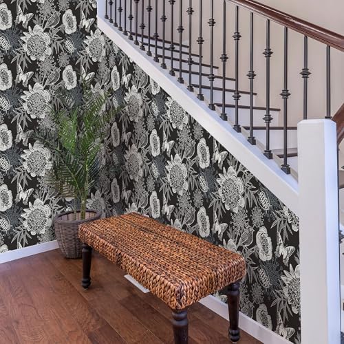 FLFK Peel and Stick Wallpaper Floral Birds Black Wallpaper 16" x 256" - Image 2