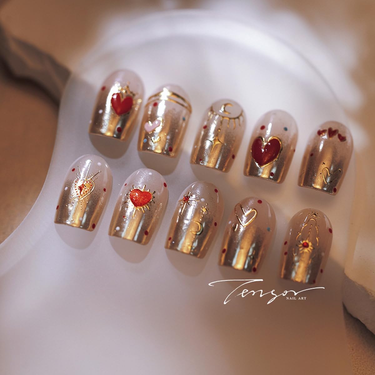 Heart Nail Art Stickers Red Nail Decals with Gold Design Star Moon Nail Sticker 5D Embossed Self Adhesive Nails Charms for Women Girls Kid Manicure Supply DIY Decoration Accessories