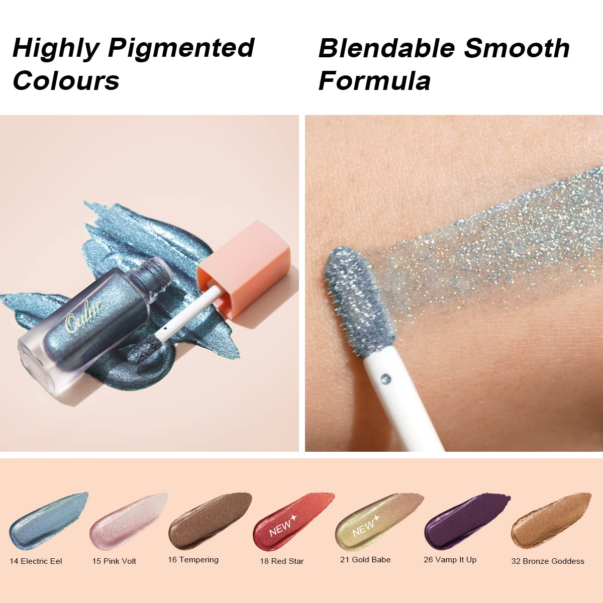 Oulac Liquid Glitter Eyeshadow - Metallic Golden Liquid Eyeliner Shimmer Eye - Non-Creasing, Lightweight, Moisturizing Formula - Easy to Remove - Vegan & Cruelty-Free (32)