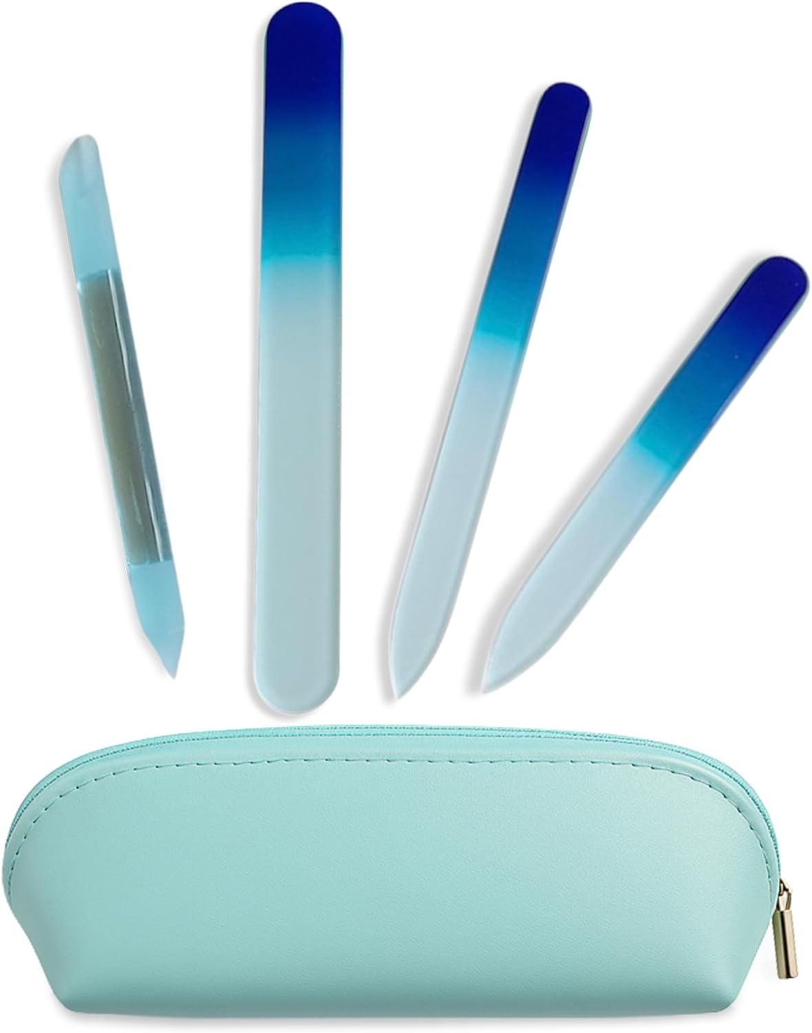 Alban Czech Glass Nail File Set with Manicure Stick & Vegan Leather Cosmetic Case (Royal Blue Nail Files, Light Blue Manicure Stick & Cosmetic Case)