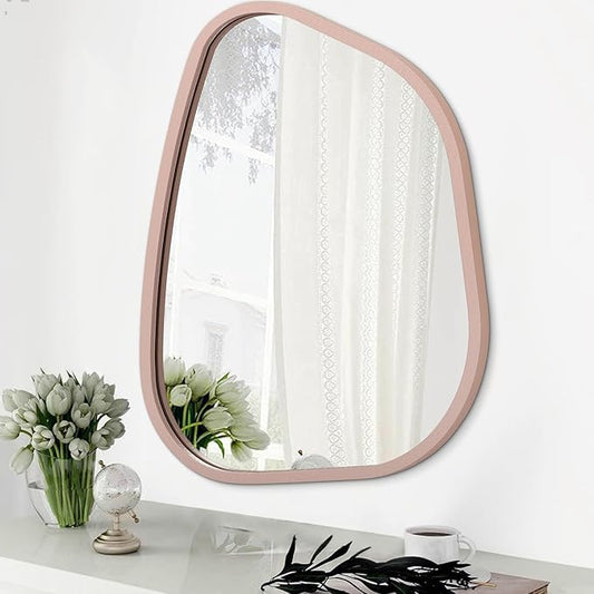 Irregular Wall Mirror 26"x18", Asymmetrical Large Bathroom Mirror Wood Framed by HLFMVWE