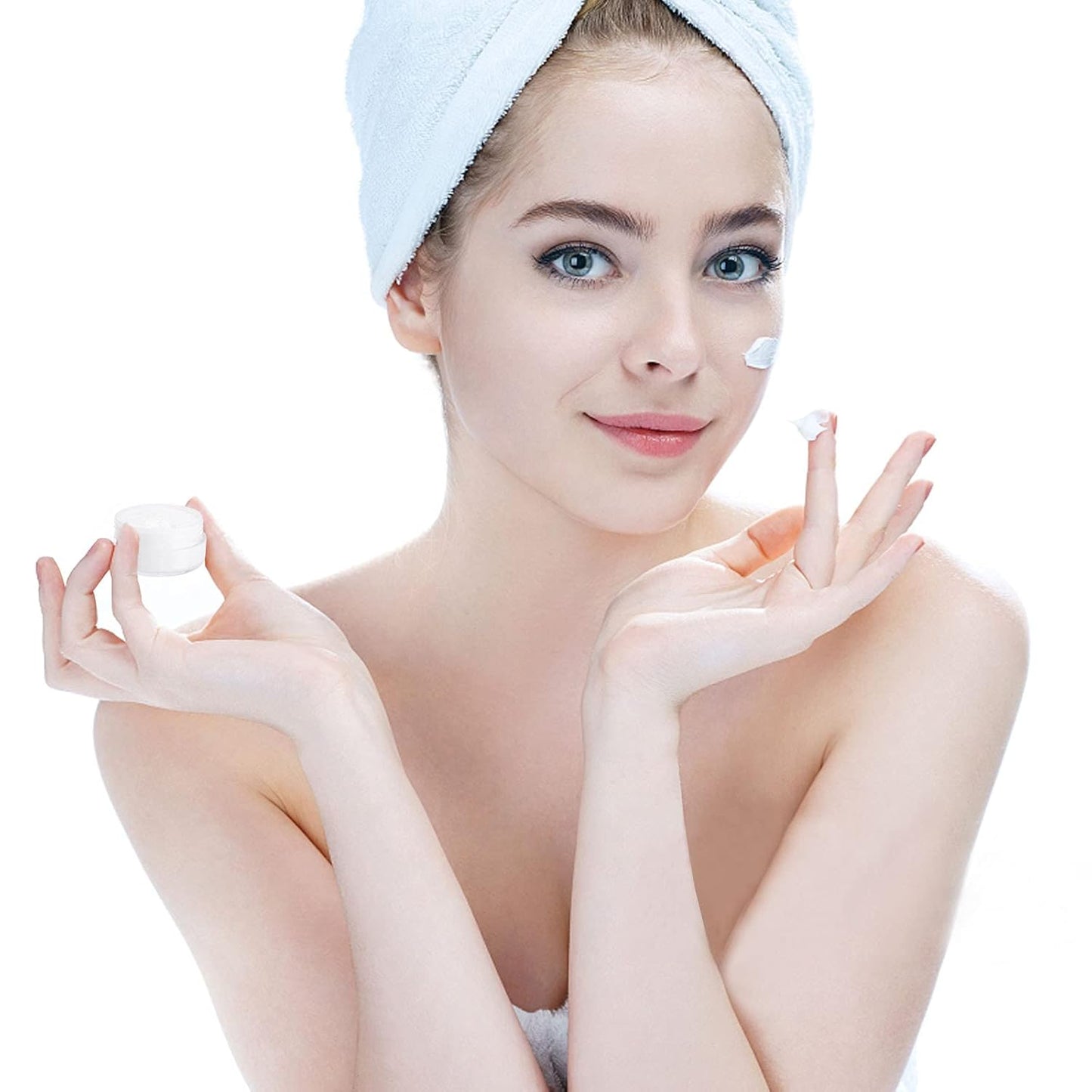 Refillable Cosmetic Sample Jars - 100 Pack 10g (0.35oz) Blue Small Travel Containers with Lids + 10 Mini Makeup Spatulas - BPA Free