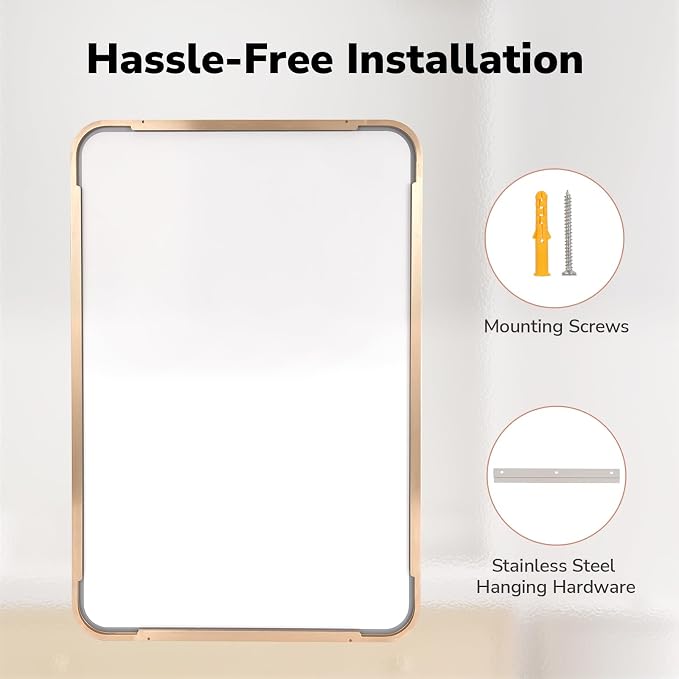 USHOWER Gold Bathroom Mirror 24"x36", Brushed Gold Rounded Rectangle Mirror - Image 6