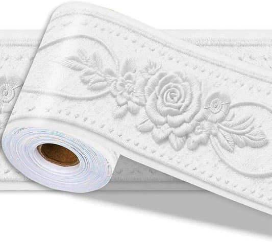 3D Wallpaper Border Floral White Wall Border Trim 197 x 4 Inch Elegant Rose by PRESSINART