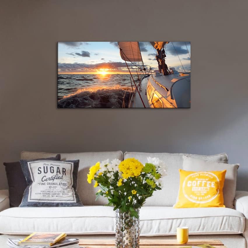 Yacht Sailing in Sea at Sunset Scenery Canvas Wall Art - Image 3