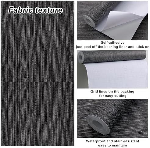 Black Faux Grasscloth Self-Adhesive Wallpaper 15.7"x393" - Image 3