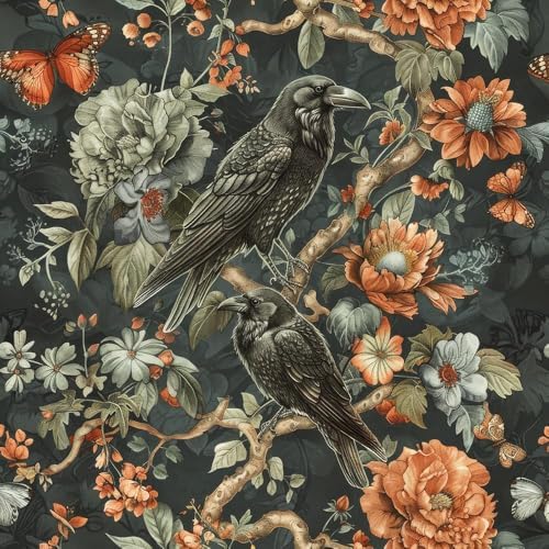 18"x236" Gothic Dark Vintage Flower Birds Peel and Stick Self Adhesive by VistaPalette