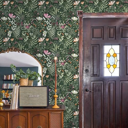 Fititem Green Floral Peel and Stick Wallpaper Boho Dark Vintage 17.3”×591” - Image 4