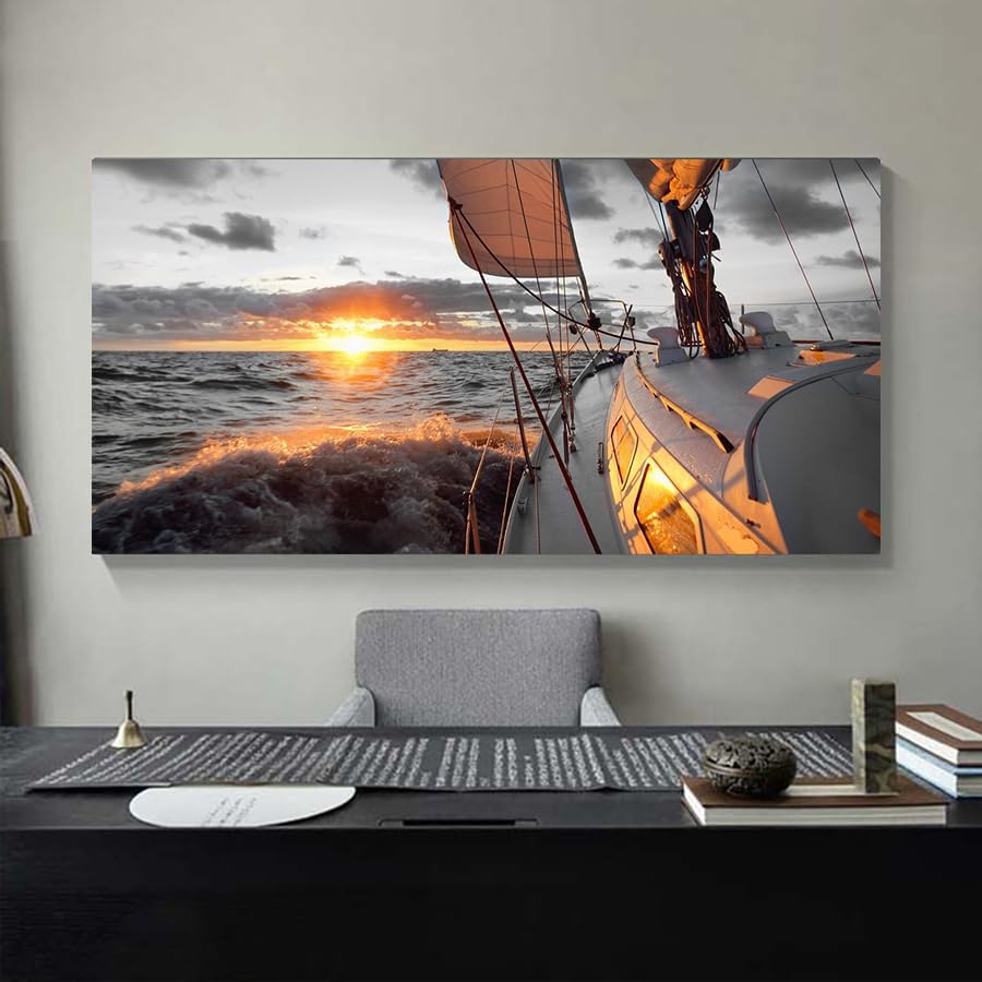 Yxbhhym Coastal Wall Art Black and White Sunset Boat Beach Painting Large - Image 5