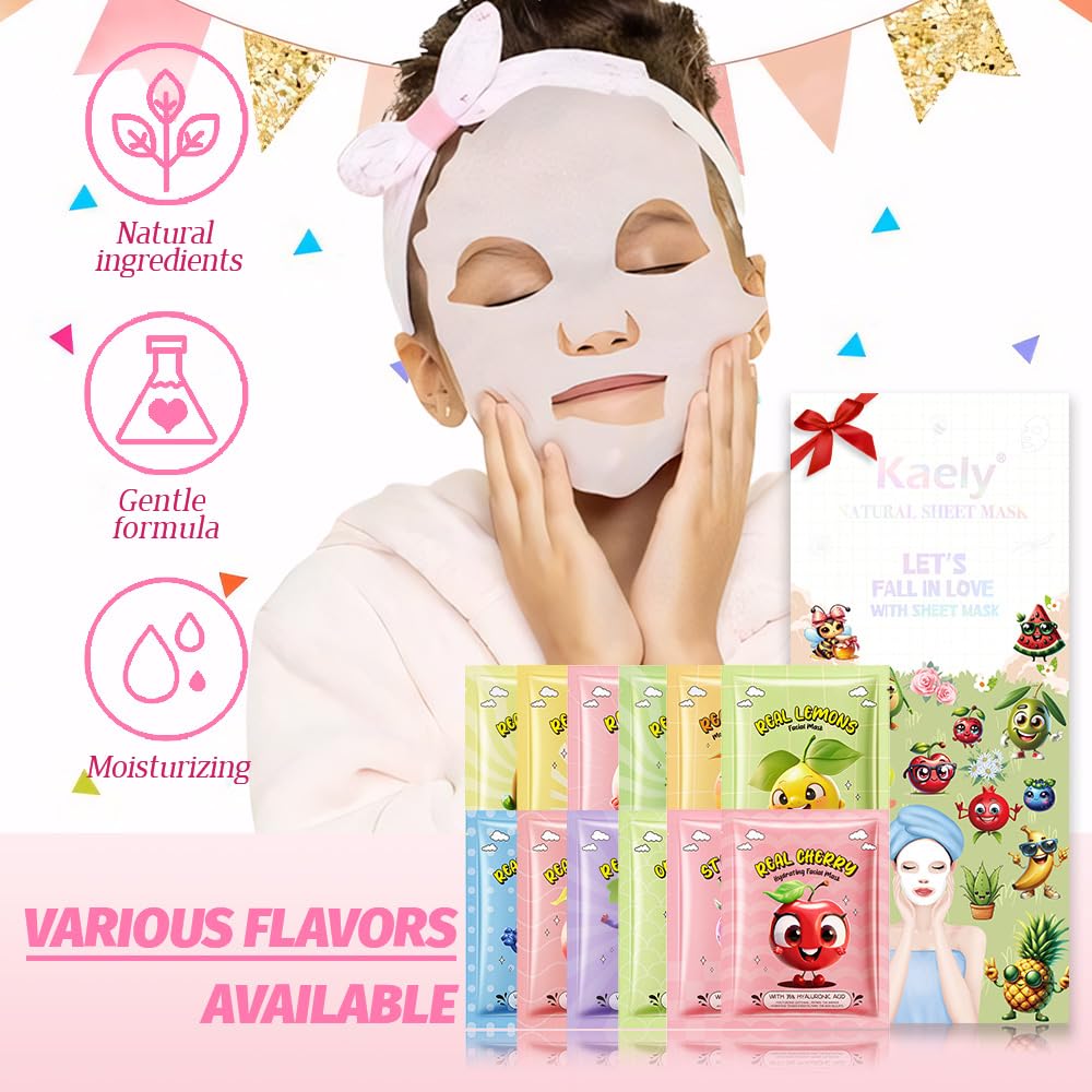 12 Pack Fruit Kids Face Mask,Pink Face Masks Skincare Spa Day Kit Supplies,Spa Party Favors for Teens Girls Women,Sheet Facial Mask Skincare Gifts Set,Moisturize Soothe for All Skin Types