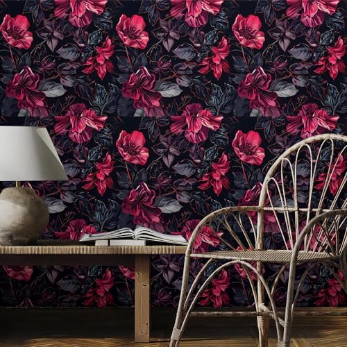 REDAMANCY Dark Black Red Pink Floral Grey Modern Flowers Leaf Peel and Stick - Image 3